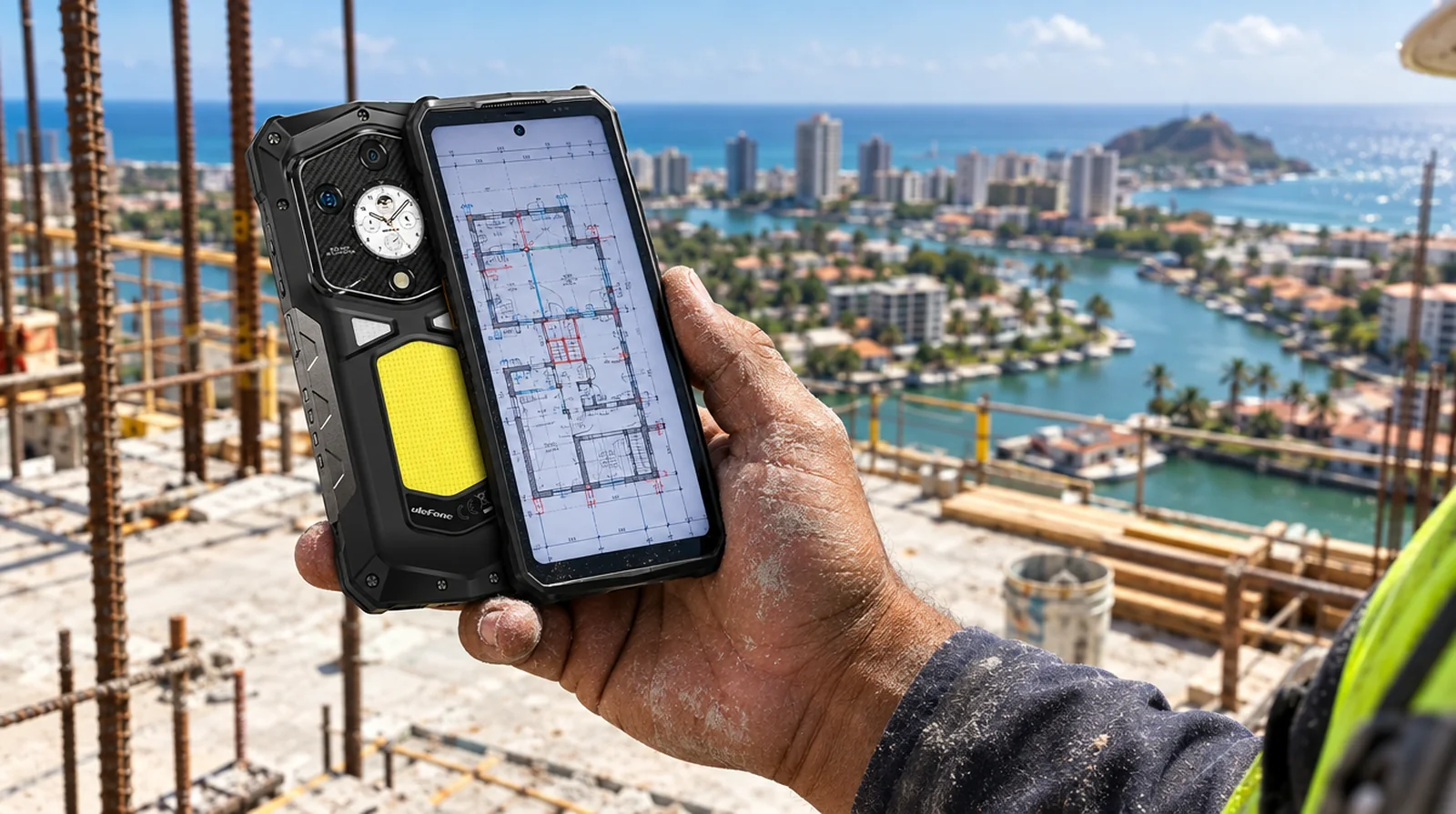Supervisor de obra en Lechería sostiene un teléfono de alta resistencia Ulefone como alternativa al Galaxy S26 Ultra
