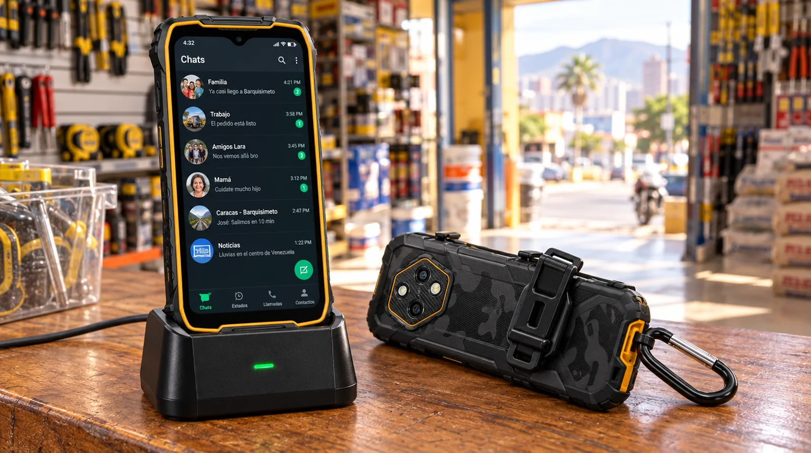RugKing 4 Pro cargando en su base de escritorio sobre el mostrador de una ferretería, junto a otro teléfono con funda Armor y clip