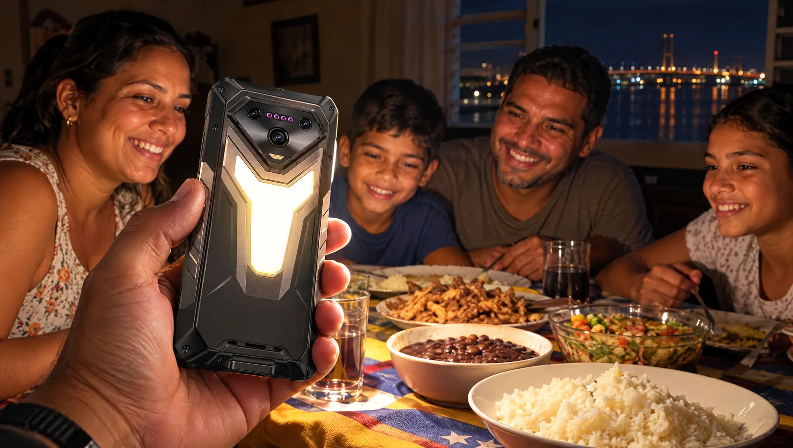 Familia venezolana en el porche de su casa en Maracaibo durante un apagón, iluminada por una lámpara recargable