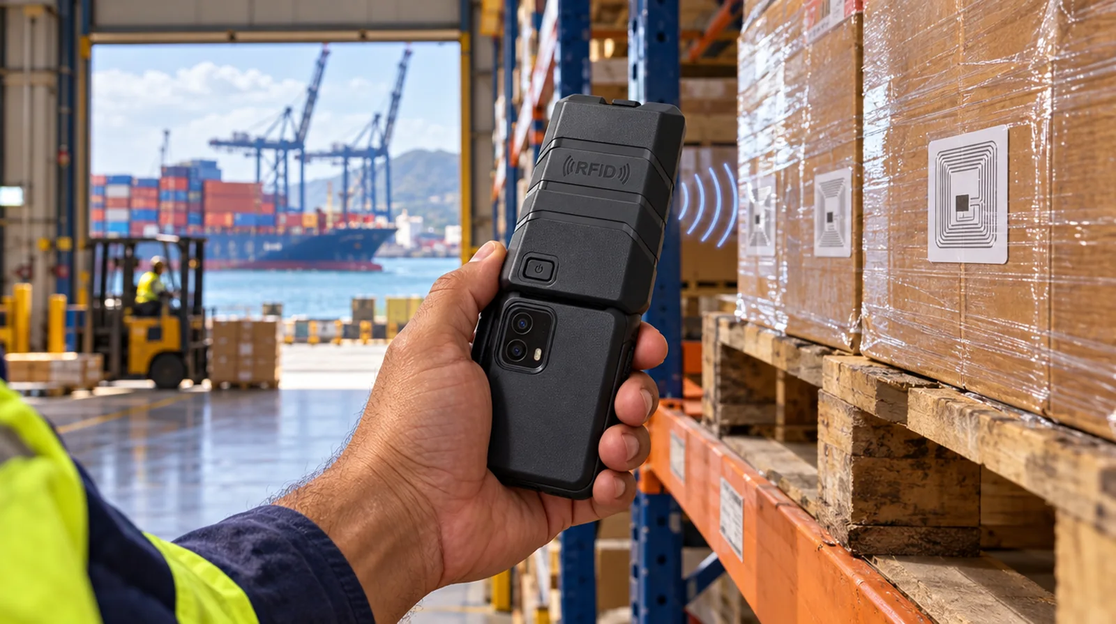 Operador de almacén leyendo etiquetas RFID con un teléfono resistente en un galpón de Puerto Cabello