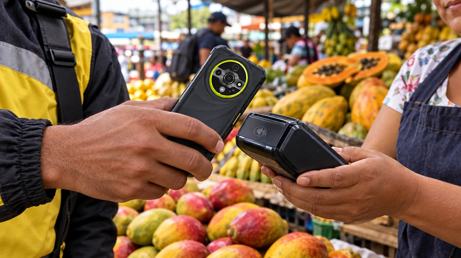 Pago móvil NFC con un teléfono de alta resistencia Ulefone en el mercado de Quinta Crespo en Caracas