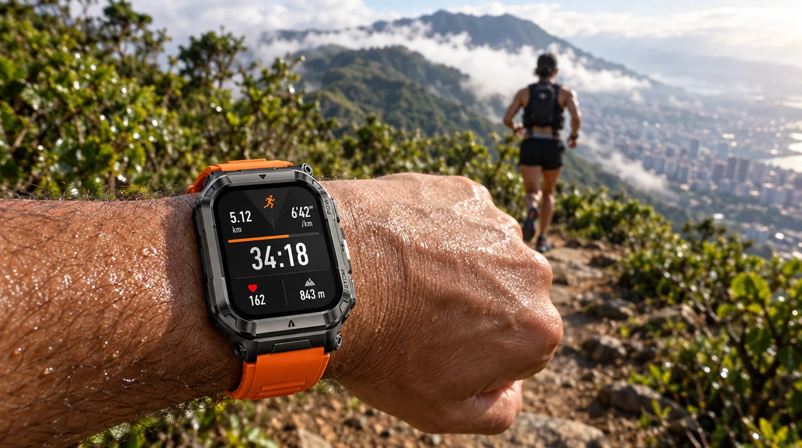 Corredor de trail con un reloj GPS de alta resistencia en un sendero de El Ávila