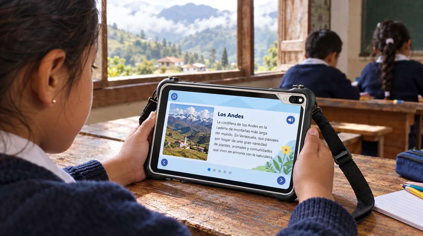 Niño leyendo una lección en una tablet resistente en una escuela rural de Mucuchíes, Mérida