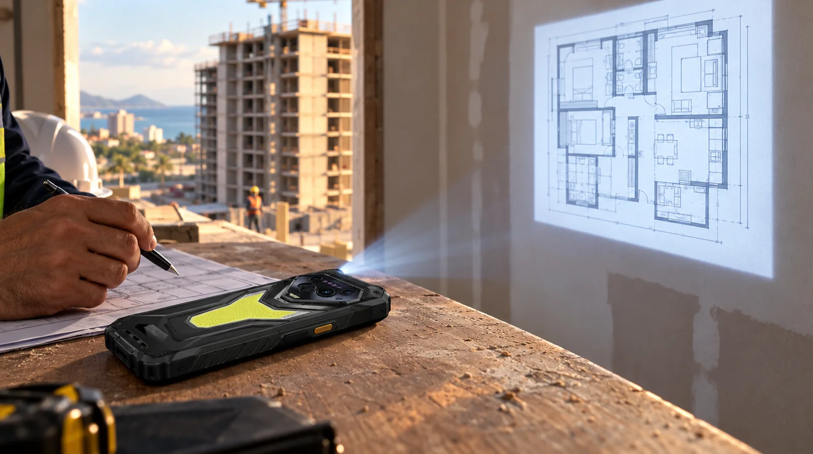 Teléfono Ulefone proyectando un plano en la pared de una caseta de obra en Lechería