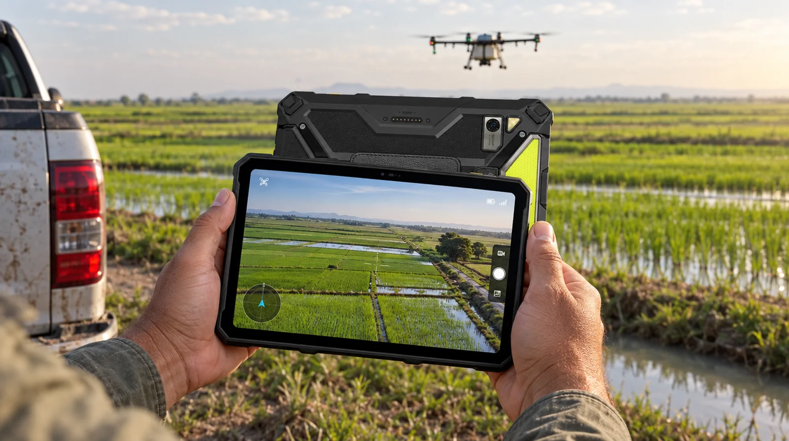 Productor usando una Armor Pad 4 Ultra como pantalla de un dron agrícola sobre los arrozales de Calabozo, Guárico