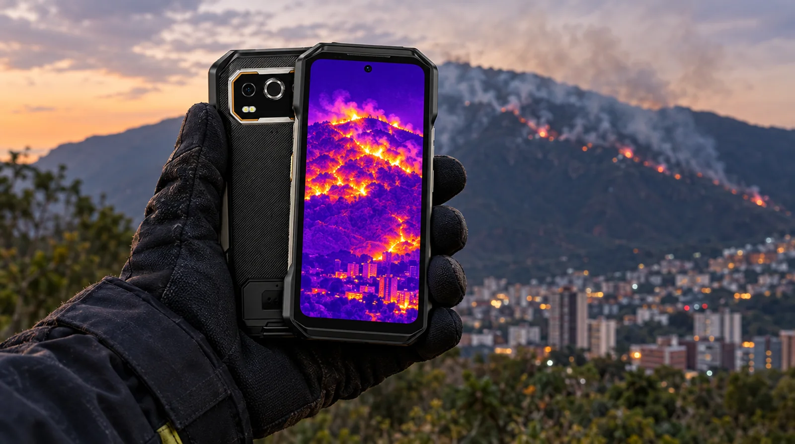 Rescatista revisa puntos calientes con la cámara térmica de un teléfono de alta resistencia tras un incendio forestal en El Ávila