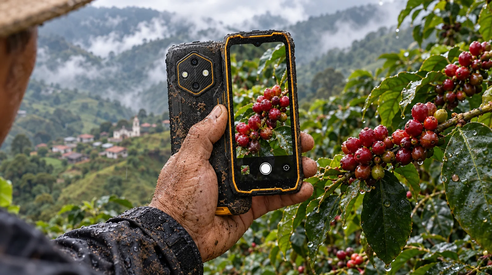Caficultor fotografiando cerezas de café con un teléfono de alta resistencia en una finca del valle del Mocotíes, Mérida