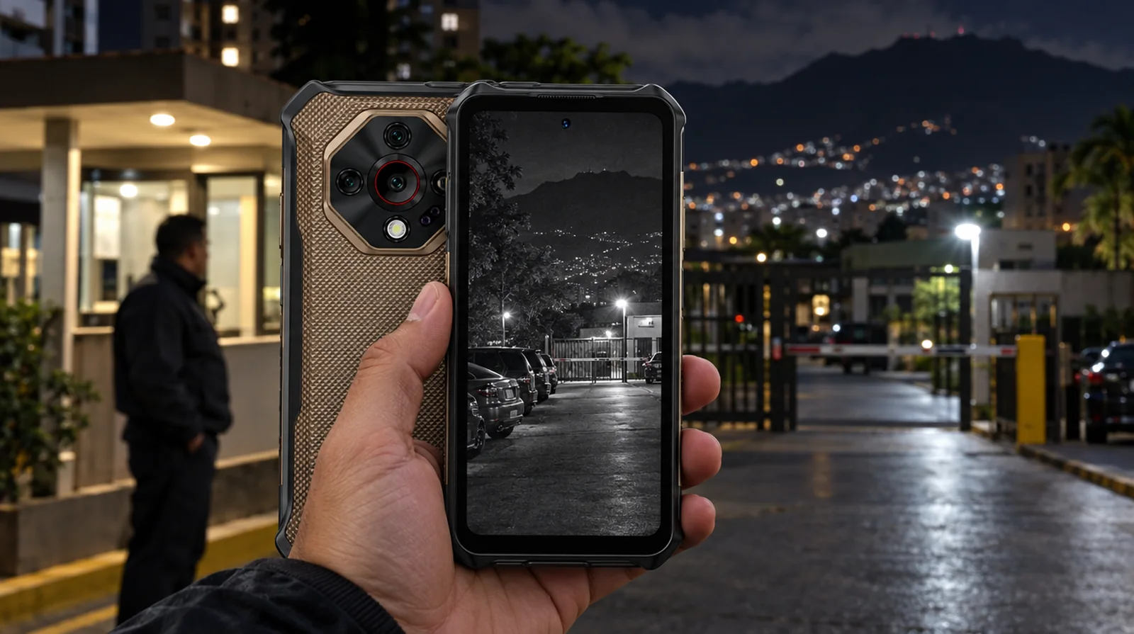 Vigilante usando la visión nocturna de un Ulefone Armor X16 Pro en la entrada de un conjunto residencial en Caracas
