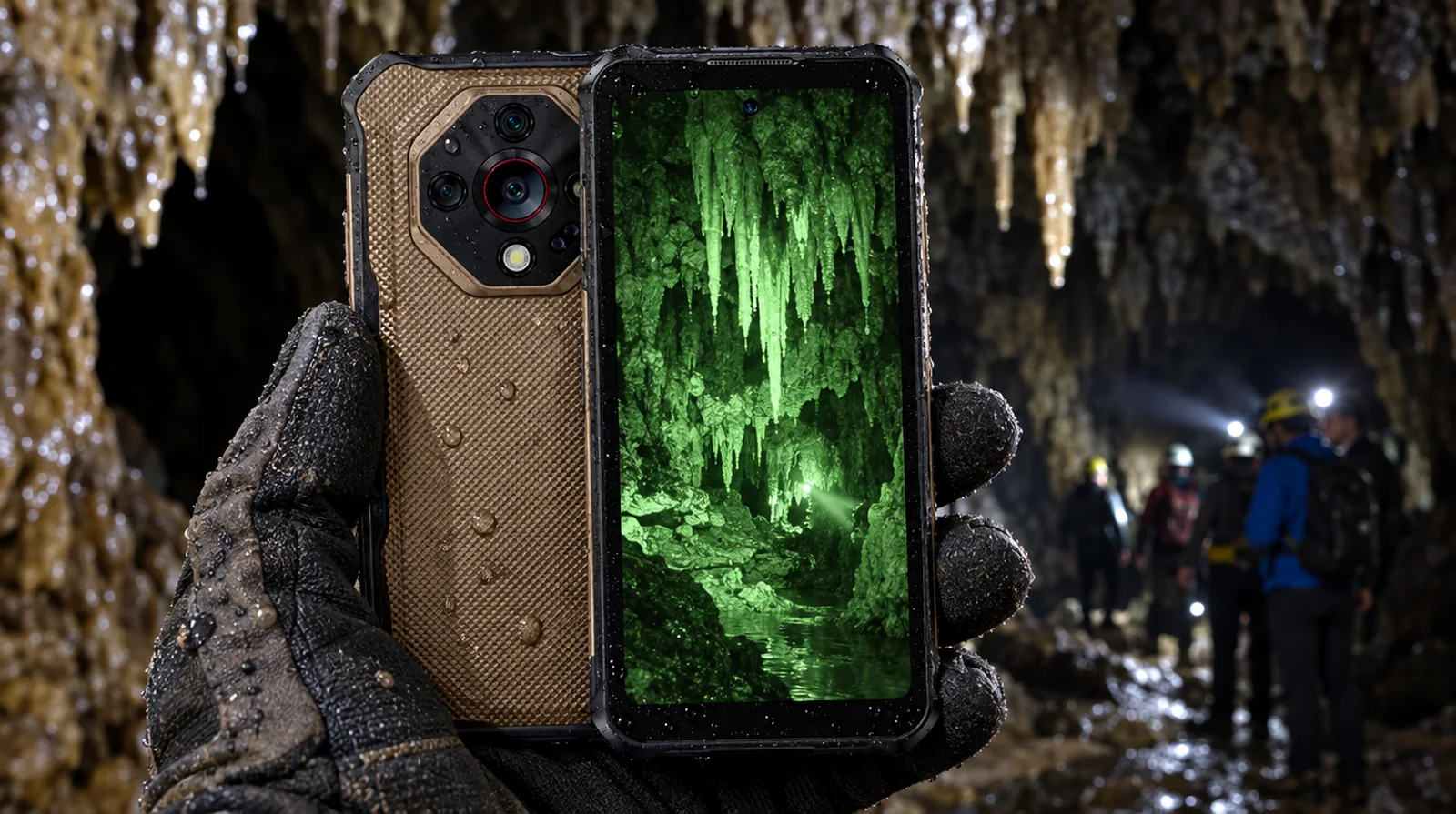 Visitante con casco usa la visión nocturna de un teléfono de alta resistencia dentro de una cueva en Caripe