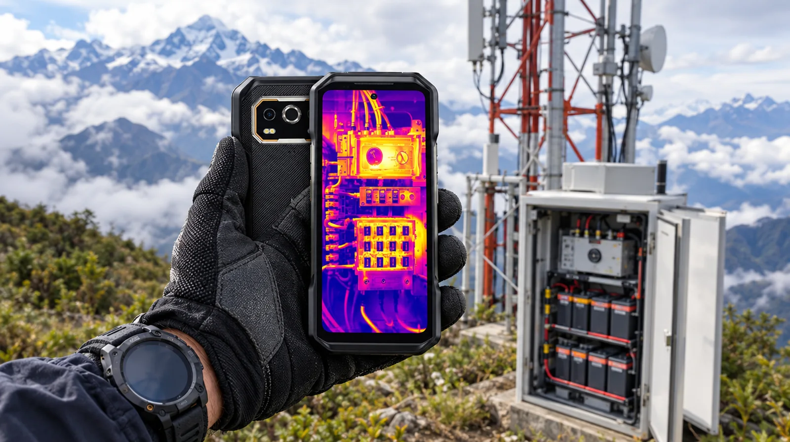 Técnico de telecomunicaciones revisando con la cámara térmica de un Ulefone el gabinete de baterías de una radiobase en Mérida