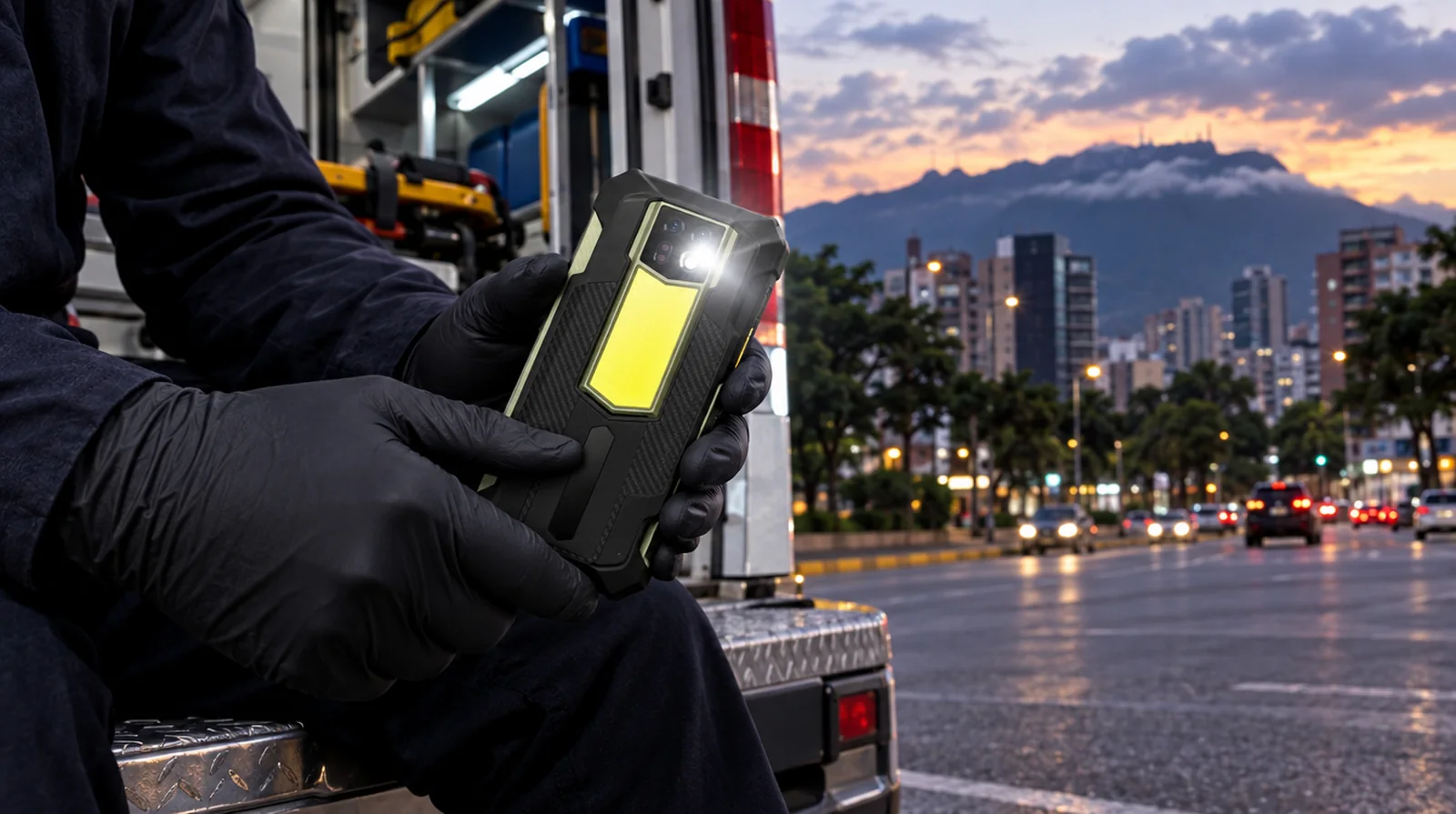Paramédico con guantes usando un teléfono de alta resistencia con la linterna encendida junto a una ambulancia en Caracas