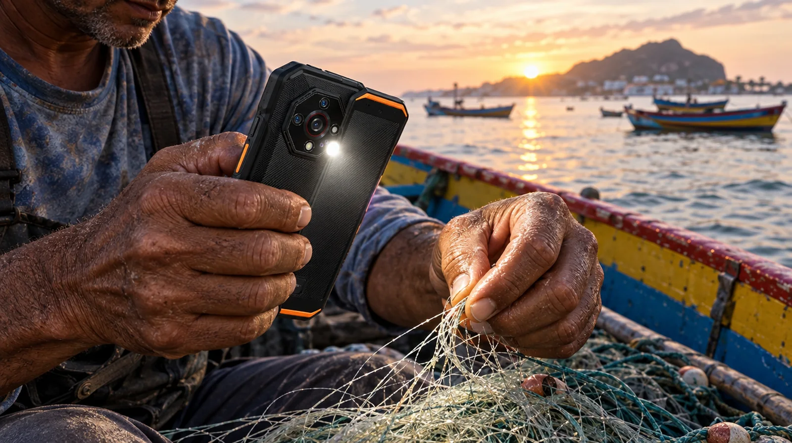Pescador artesanal usando la linterna de un teléfono de alta resistencia en un peñero al amanecer en Juan Griego, Margarita
