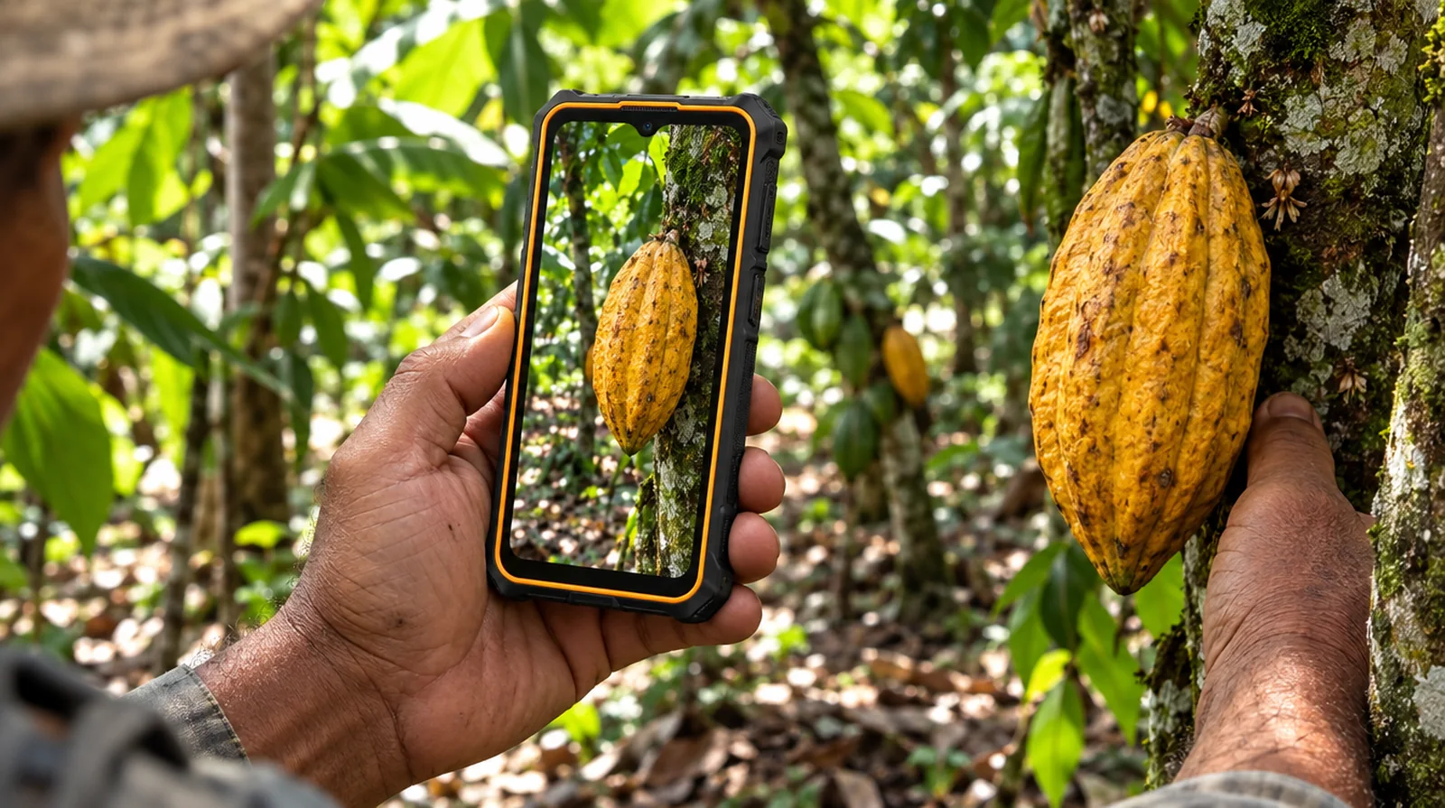 Productor de cacao fotografiando una mazorca con un teléfono de alta resistencia en una plantación de Barlovento