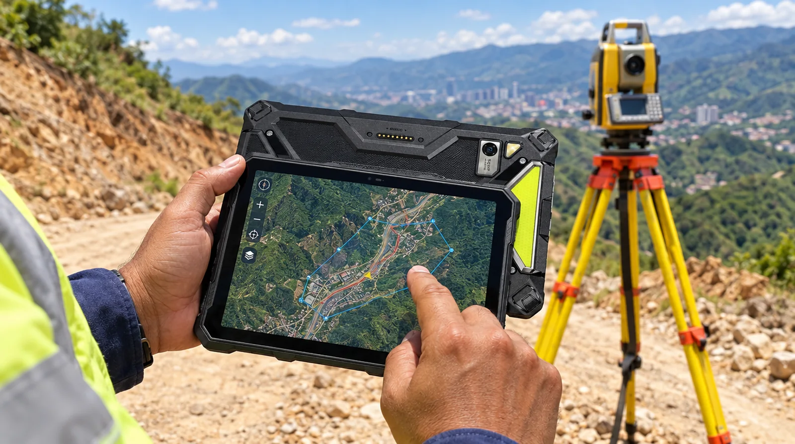 Topógrafo revisando un plano en una tablet de alta resistencia junto a una estación total en los Valles del Tuy