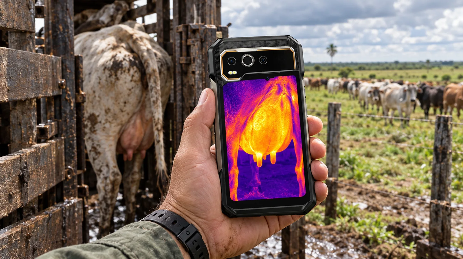 Veterinario revisando una vaca con la cámara térmica de un teléfono de alta resistencia en una finca de Apure